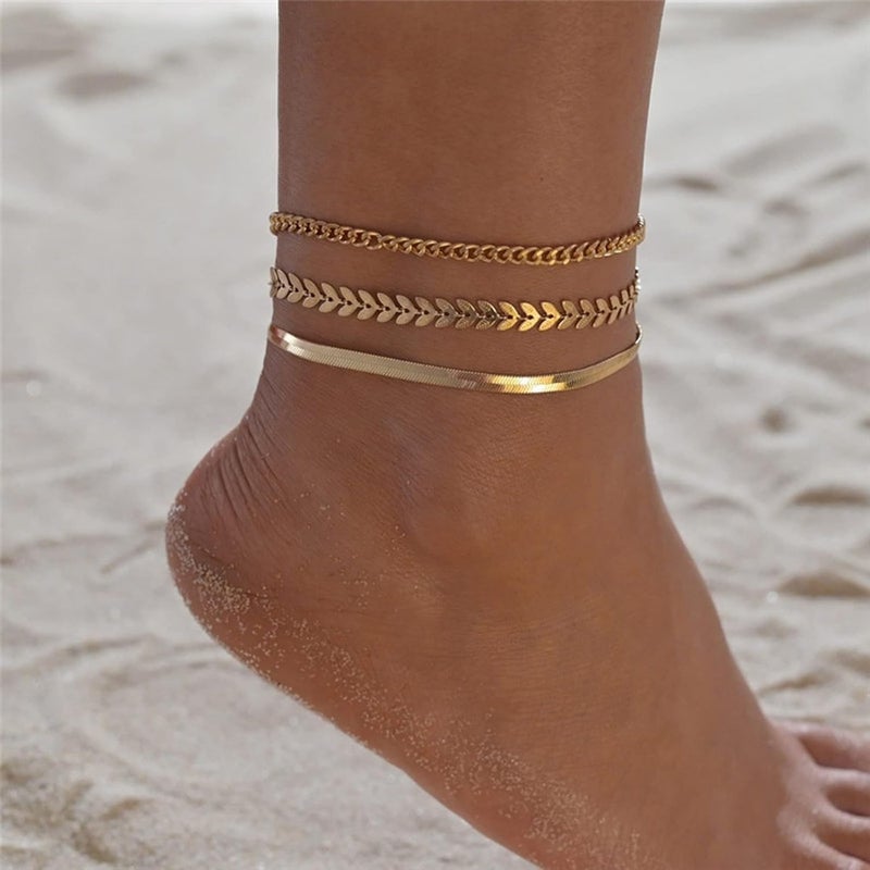 MIDEEO Gold/Silver Ankle Bracelets for Women,14K Gold Anklets for Women Waterproof Cuban Link Heart Beads Herringbone Rhinestone Anklets Set Layered Anklet Bracelets for Women Gold Jewelry Gift - Image 5